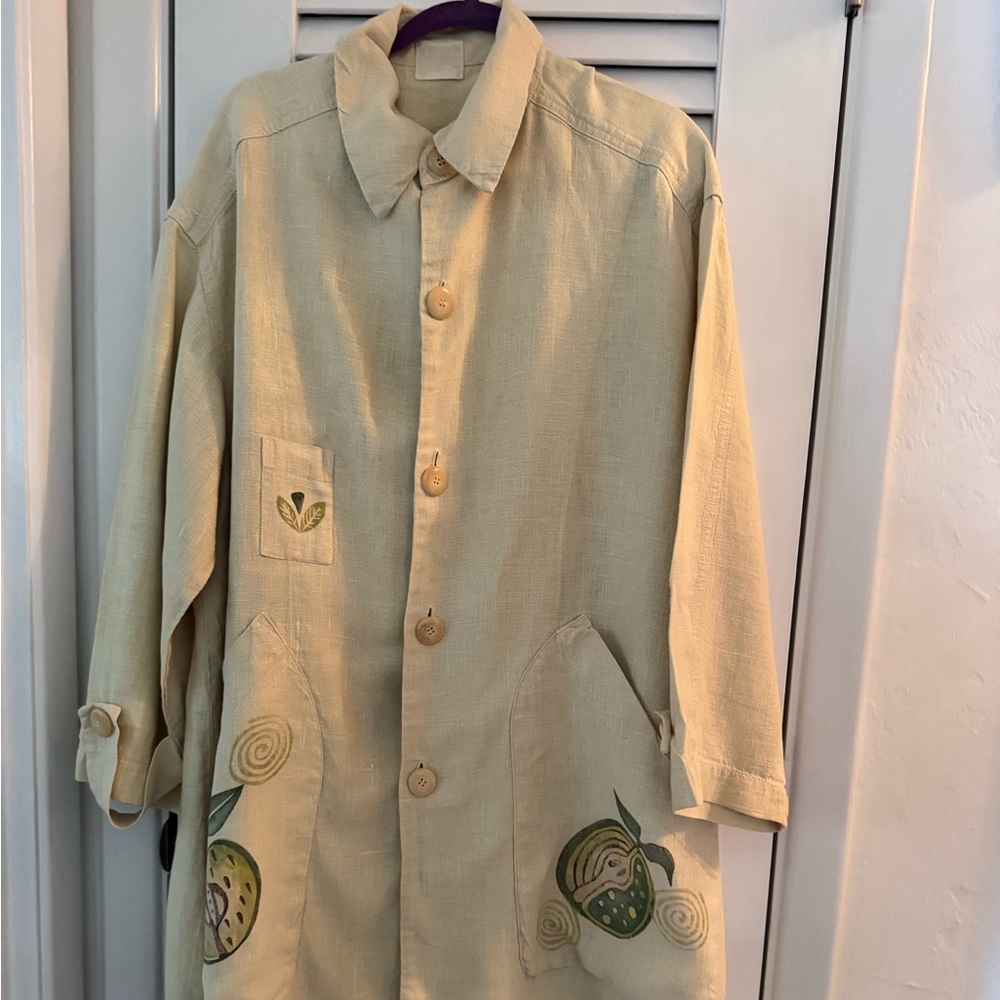 Blue Fish Hemp Linen Duster Jacket Dress Button Down Hand Paint Apples 1999 - Picture 1 of 16